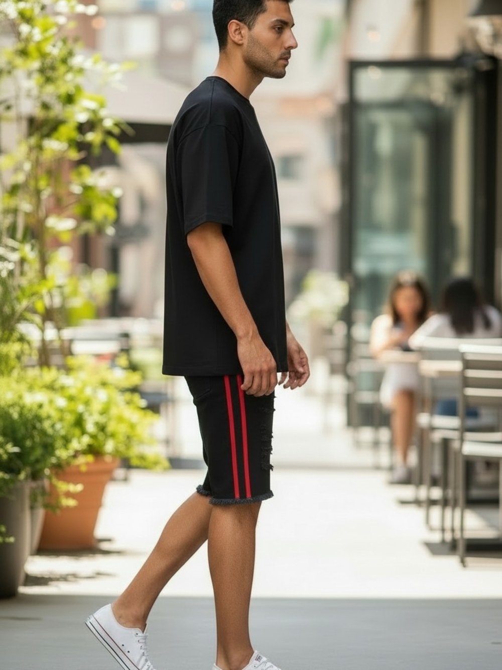 Distressed Shorts - BLACK/RED